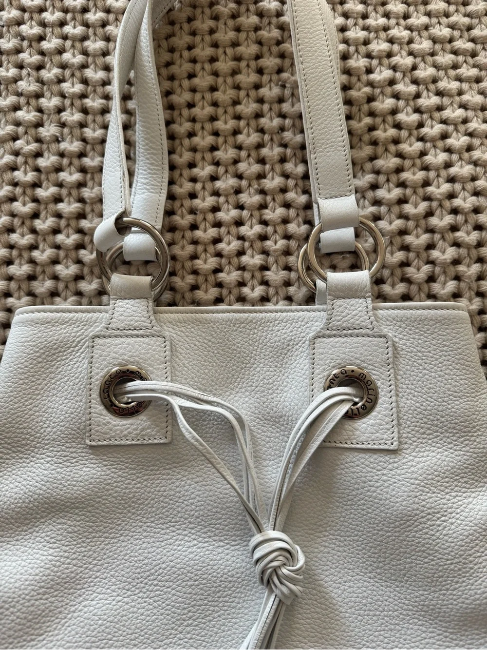Vintage Women's White Leather Drawstring Tote Bag